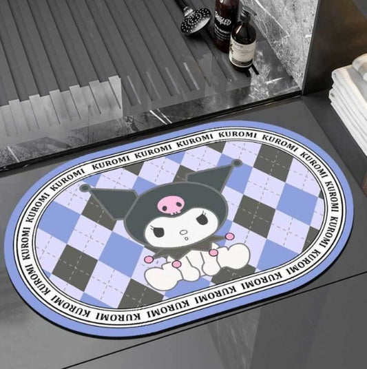 Round doormat with a character design on a checkered background, placed on a floor.