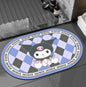 Round doormat with a character design on a checkered background, placed on a floor.