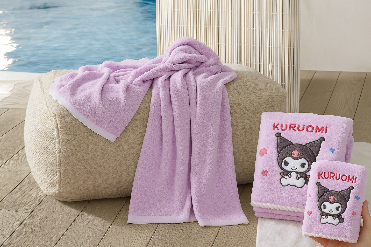 Pink towel with Kuruomi character on a beige ottoman by a poolside.