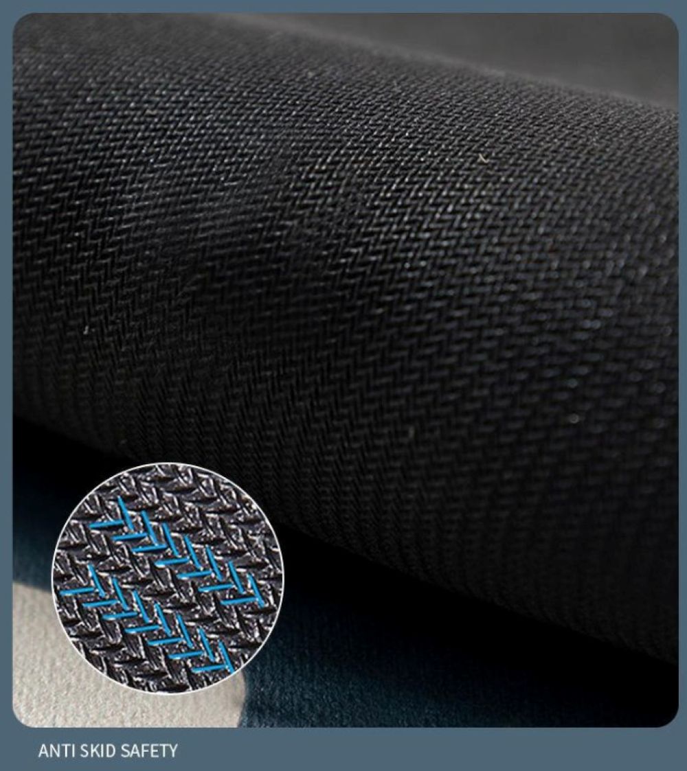 Close-up of black textured fabric with an inset showing anti-skid pattern
