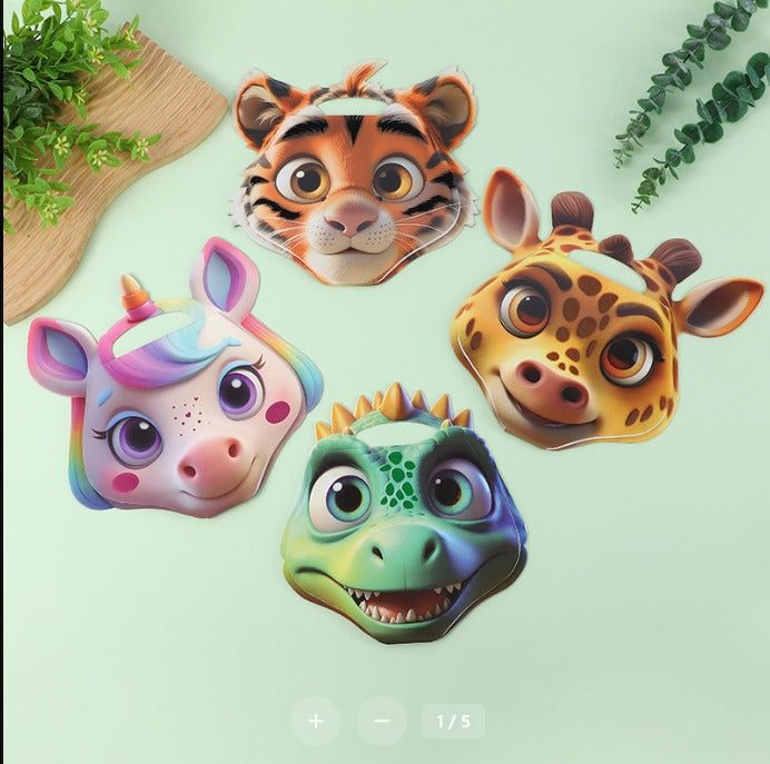 Four colorful animal face masks on a light green background with plants.
