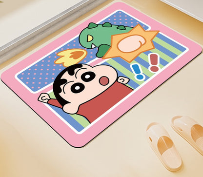 Colorful mat with a cartoon character and dinosaur on a light wooden floor.